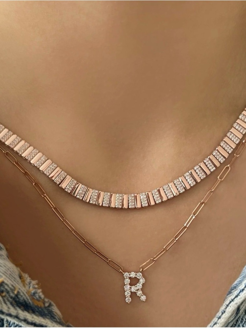Gold paper clip 14k Chain Necklace with diamond 'K' Pendant - Women's Jewelry